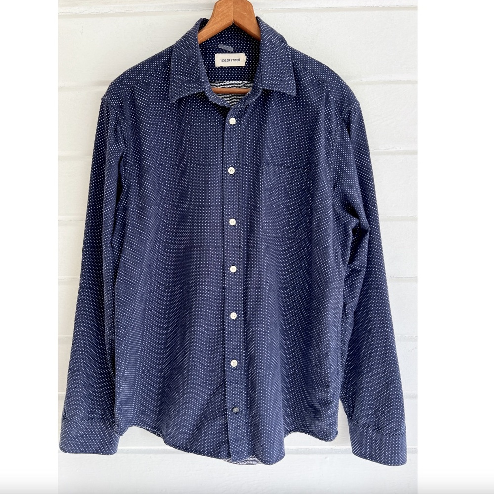 TAYLOR STITCH Organic Cotton Long Sleeved Shirt in Navy Micro Dot - 44/ XL